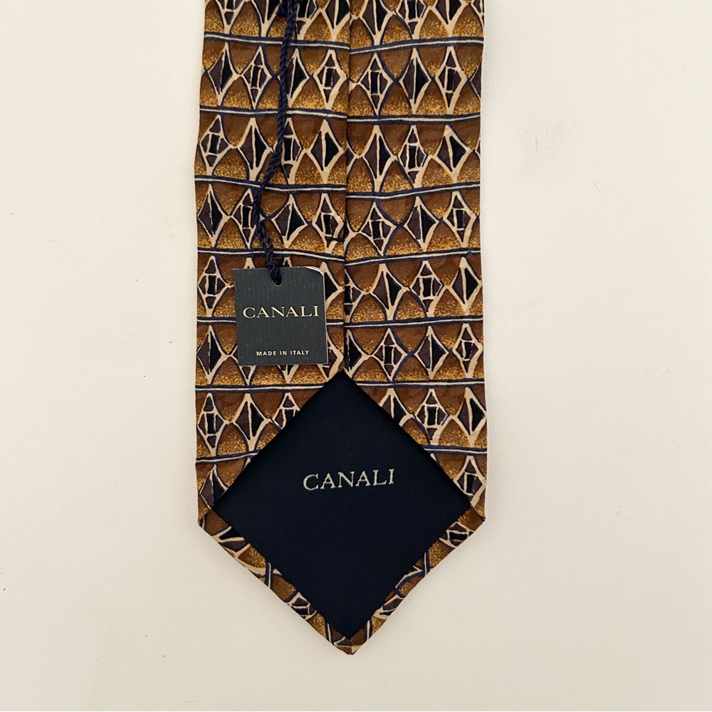 Canali Italian Silk Men's Neck Tie Brown Black Ivory Geometric Diamond Print - Picture 4 of 5